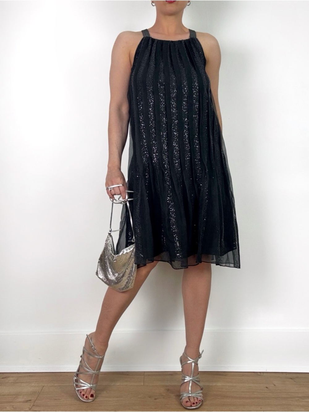 Brunello Cucinelli Sequin Pleated Cocktail Dress Charcoal Sparkle